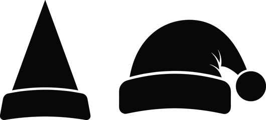 Minimal black Christmas Santa hat illustration set featuring classic festive winter cap designs in clean silhouette style for holiday decoration graphics