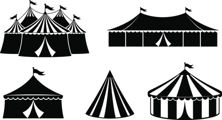 Black and white circus tent illustration set featuring carnival big top designs for festival, fairground, amusement park, entertainment, and retro themed graphics © Bappi Creatives