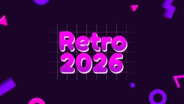 Retro 2026 text with neon geometric shapes typography