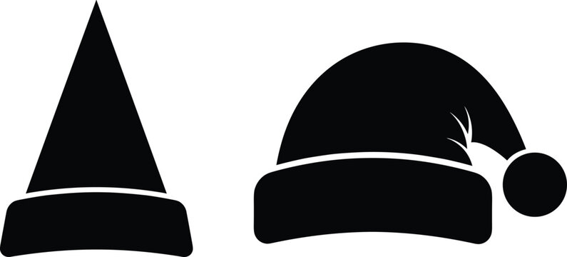 Minimal black Christmas Santa hat illustration set featuring classic festive winter cap designs in clean silhouette style for holiday decoration graphics
