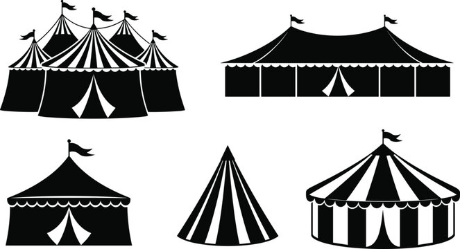 Black and white circus tent illustration set featuring carnival big top designs for festival, fairground, amusement park, entertainment, and retro themed graphics
