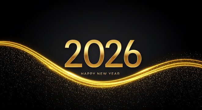 Happy New Year 2026 Golden Numbers with Light Trails on Black Background