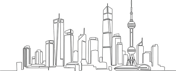 Shanghai Skyline Continuous Line, Oriental Pearl Tower, Buildings in Transparent Design