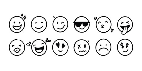 emoji, face, expression, happy, winking, cool, sunglasses, kissing, laughing, tongue out, surprised, excited, love, dead, sad, money, smile, wink, kiss, laugh, cry, doodle, hand drawn, icon, set, symb