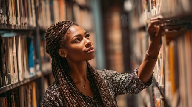 Young woman exploring shelves in a library during a quiet afternoon