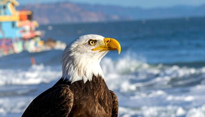 Obraz premium Majestic eagle surveys the ocean waves and distant colorful structures.
