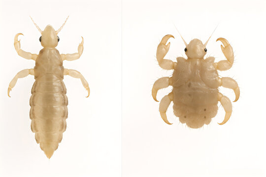 Photorealistic 3D anatomy of Pediculus humanus capitis (head louse), dorsal view, six segmented legs with single large tarsal claw opposing tibial thumb, elongated abdomen with visible spiracles