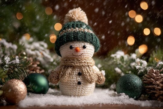 Handmade snowman decoration sits in artificial snow surrounded by festive greenery and lights