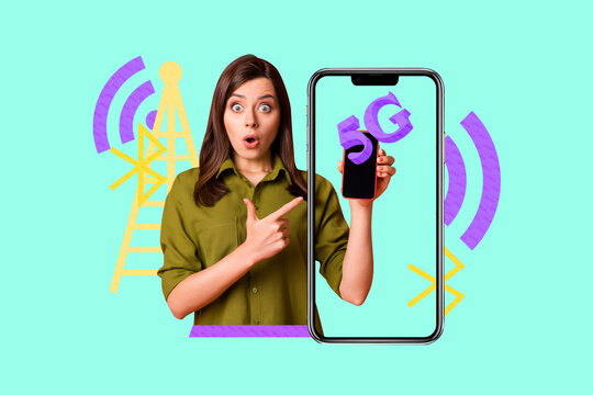 Banner image art collage of two happy girl guy stand phone screen 5g network connection wifi modern zone fast internet innovation - Powered by Adobe