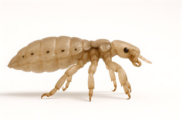 Photorealistic 3D anatomy of Pediculus humanus capitis (head louse), dorsal view, six segmented legs with single large tarsal claw opposing tibial thumb, elongated abdomen with visible spiracles