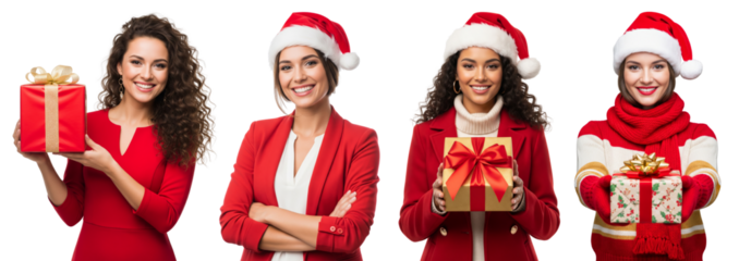 Diverse of young women in santa claus hat isolated on white or transparent background