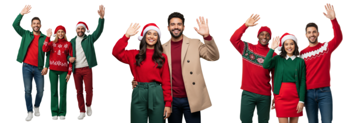 Group of young people standing together in winter outfit waving hands isolated on white or transparent background