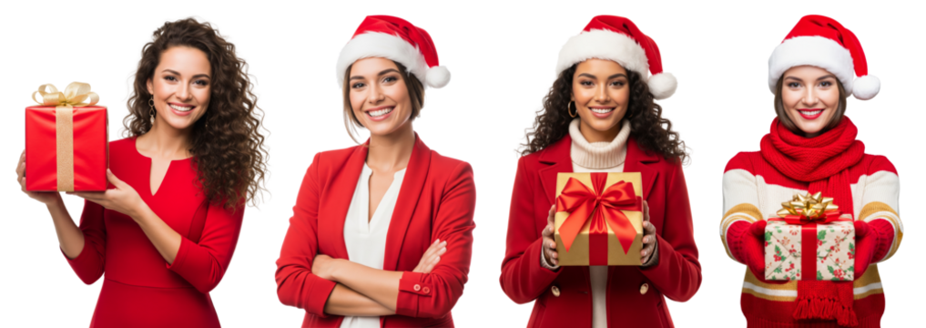 Diverse of young women in santa claus hat isolated on white or transparent background