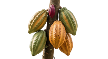 Cacao pods, in various stages of ripeness attached to a tree trunk, cutout, PNG isolated on white or transparent background