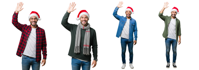 Diverse of young men in Christmas outfit waving hands isolated on white or transparent background
