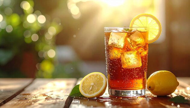 A glass of iced tea or cola on a rustic wooden table, garnished with a lemon slice and mint. - Powered by Adobe