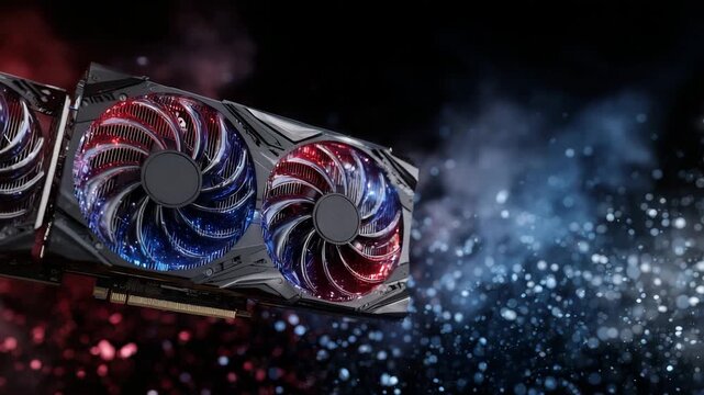 High-end gaming GPU illuminated by red and blue lighting, surrounded by digital storm particles, banner composition with copy space for promotional slogan
