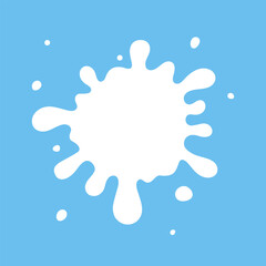 Milky splash on a blue background, vector illustration, flat design. Spilled milk, an abstract organic stain with splashes. An element of a natural product for decoration, design, label with an empty 