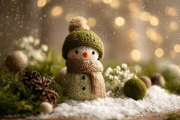 Obraz premium Handmade knitted snowman figure rests in winter landscape with falling snow and warm lights