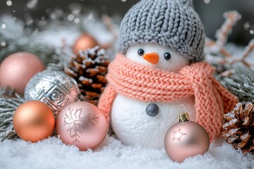 Obraz premium Adorable handmade snowman figurine rests among festive winter decorations and soft snow