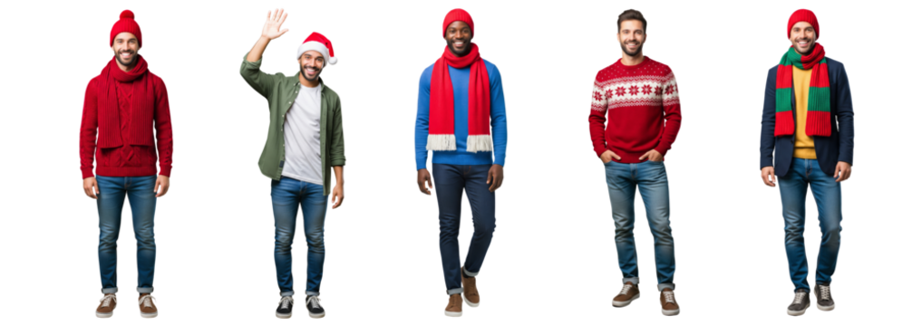 Diverse of young men in Christmas standing and walking isolated on white or transparent background