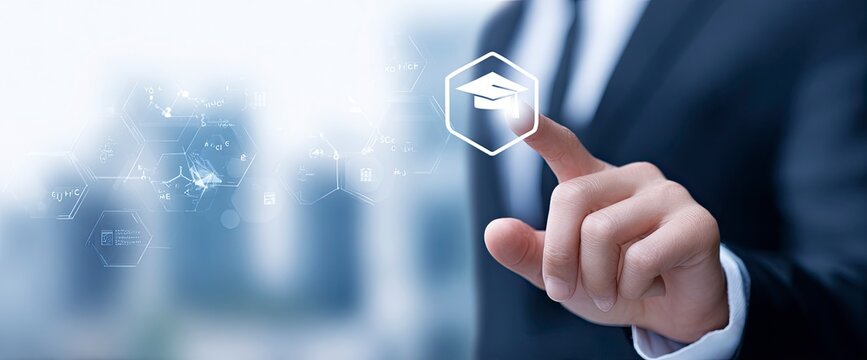 Hand touching digital graduation cap education concept - Powered by Adobe