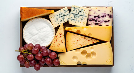 Assorted cheeses including brie, blue cheese, cheddar, and fruit-infused varieties on a wooden board with red grapes. Top-down view of gourmet food platter for parties or fine dining.
