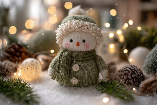 Knitted snowman figurine sits nestled in artificial snow surrounded by warm holiday lights