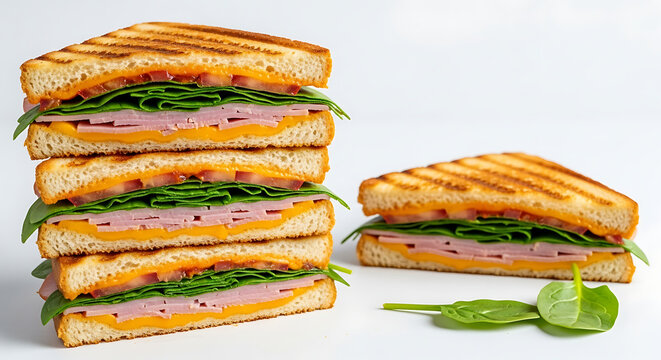 Stacked grilled sandwiches with melted cheese, ham, bacon, and fresh spinach. Crispy bread with golden grill marks. Perfect for food, breakfast, or lunch content.