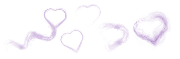 Fototapeta premium Purple smoky heart shapes with soft swirling vapor and magical mist texture on transparent background.