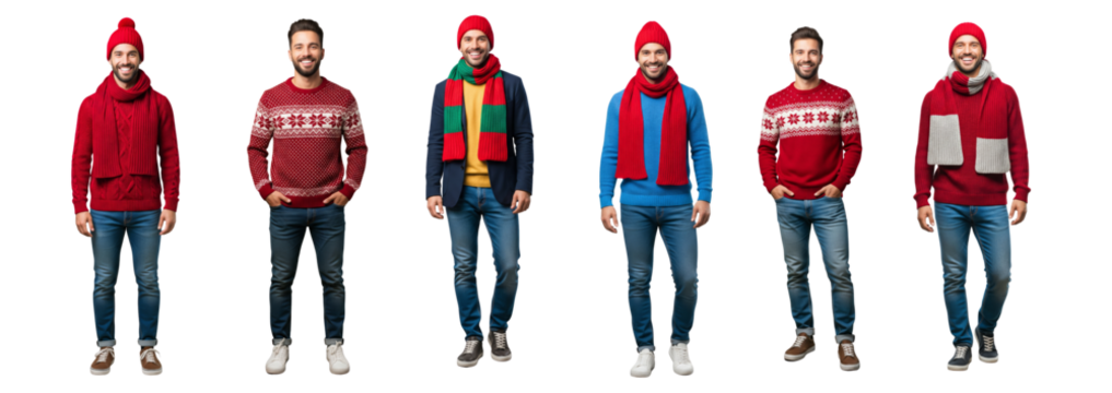 Diverse of young men in Christmas standing and walking isolated on white or transparent background