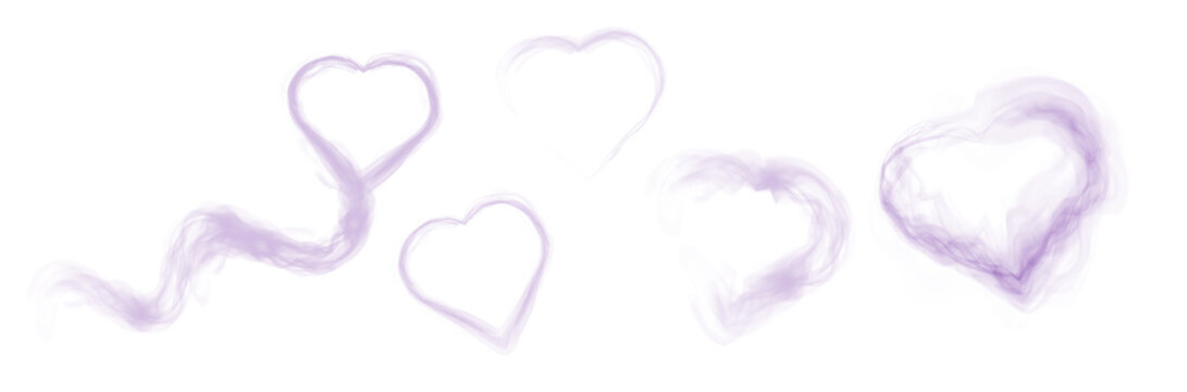 Purple smoky heart shapes with soft swirling vapor and magical mist texture on transparent background.