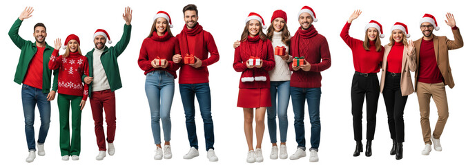 Group of young people standing together in winter outfit waving hands isolated on white or transparent background