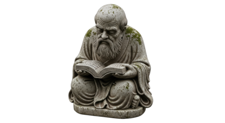 Ancient Stone Statue of a Seated Bearded Man Reading a Book Covered in Moss and Lichen with a Transparent Background
