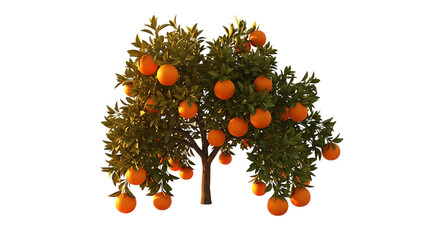 A healthy orange tree, laden with ripe, bright orange fruits and lush green leaves, cutout, PNG isolated on white or transparent background