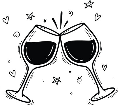 Celebratory toast with wine glasses surrounded by stars and hearts