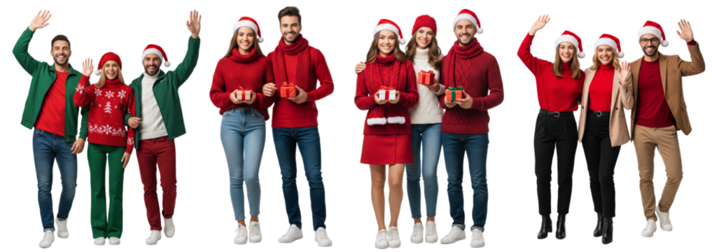 Group of young people standing together in winter outfit waving hands isolated on white or transparent background