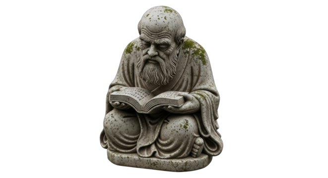 Ancient Stone Statue of a Seated Bearded Man Reading a Book Covered in Moss and Lichen with a Transparent Background