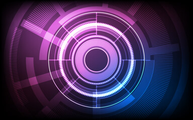 Futuristic circular tech interface with vivid neon purple and blue rings creating a glowing abstract digital background ideal for modern technology, innovation, and cyber themes.