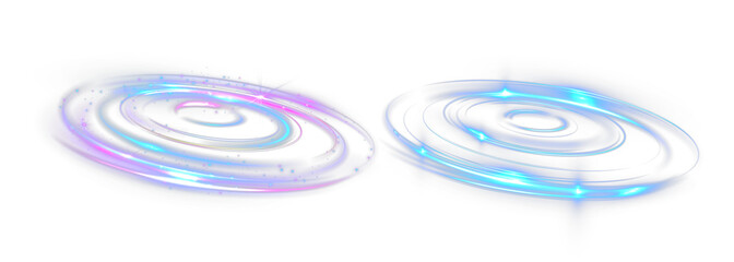 Glowing tornado vortex light circles in blue and purple colors, swirling energy rings with sparkles and shine, futuristic abstract motion design on black background.