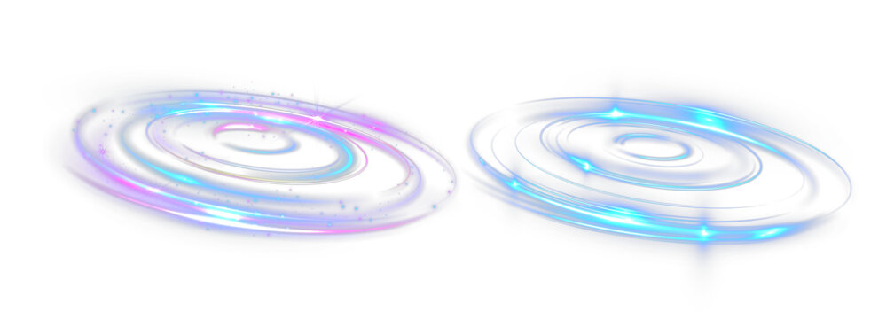 Glowing tornado vortex light circles in blue and purple colors, swirling energy rings with sparkles and shine, futuristic abstract motion design on black background.