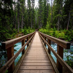 Wooden bridge crosses a turquoise river through a dense evergreen forest.