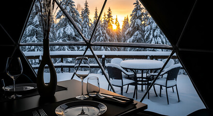 Luxury geodesic dome interior with a black table set for dinner, overlooking a snowy forest at sunset. Warm light contrasts with the cold winter landscape. Ideal for travel, nature.