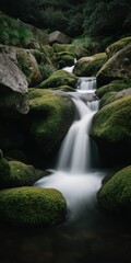 Serene moss-covered rocks with cascading waterfall in lush forest