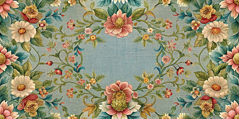 Vintage Floral Design Comprising Intricate Flowers And Foliage On Blue Background Showcasing Botanical Artistry And Timeless Aesthetic With Beautiful Symmetry