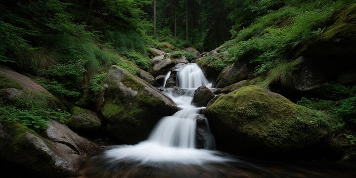 Serene waterfall flowing over moss-covered rocks in a lush forest