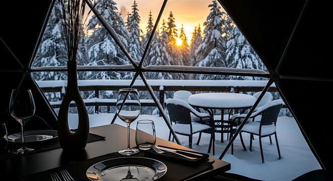 Luxury geodesic dome interior with a black table set for dinner, overlooking a snowy forest at sunset. Warm light contrasts with the cold winter landscape. Ideal for travel, nature.