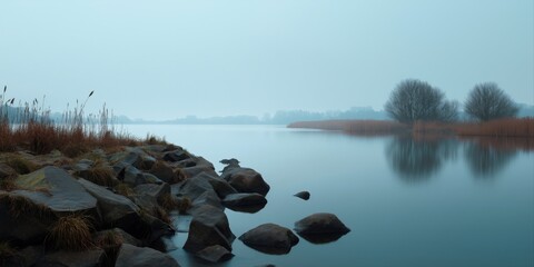 Serene lakeside morning with misty reflections and rocky shoreline