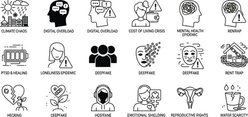 Fototapeta premium Society Issues Icons, Human Problems Set Climate Chaos, Economy Crisis and Mental Health