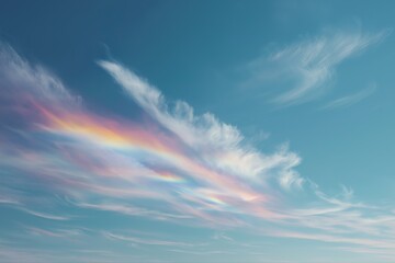 Vibrant rainbow clouds in blue sky with light wispy formation